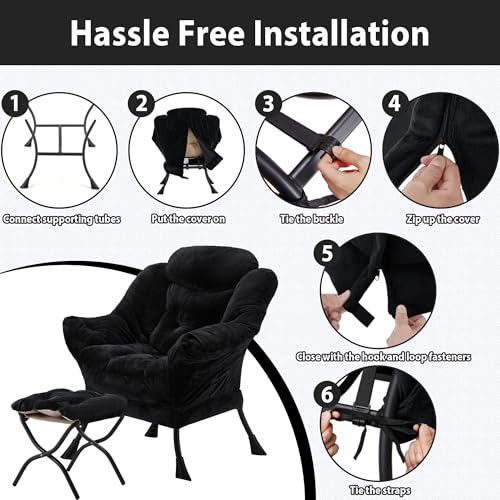 Youtanic Lazy Chair with Folding Ottoman, Accent Chair Plush Upholstered with Metal Structure and Non-Slip Pads, Sofa Armchair with Footrest and Side Storage Bag for Dorm, Room, Office, Black - color: Plush Black