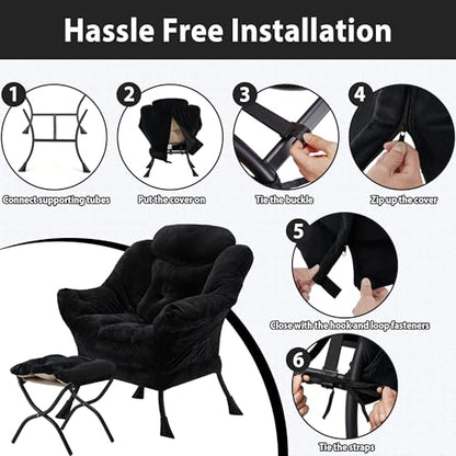 Youtanic Lazy Chair with Folding Ottoman, Accent Chair Plush Upholstered with Metal Structure and Non-Slip Pads, Sofa Armchair with Footrest and Side Storage Bag for Dorm, Room, Office, Black - color: Plush Black
