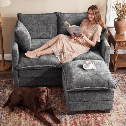 50" Loveseat Sofa with Ottoman, Cloud 2-Layer Cushion & 27" Deep Seat, Modern Love Seat Small Couch with 2 Washable Pillows for Small Spaces, Bedroom, Apartment, Office, Living Room, in a Box, Grey - color: Grey, size: Loveseat with Ottoman