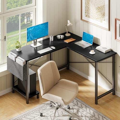 L Shaped Desk, 50 Inch Computer Desk Home Office Desk for Small Space Black | Gaming Table Corner Desk for Small Space with CPU Stand and Side Storage Bag, Sturdy Writing Workstation for Bedroom, Black - color: Black