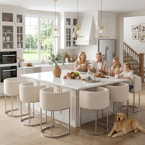 HNY Modern Counter Height Linen Cream Fabric Upholstered Counter Stools Set of 2, 24 Inch Kitchen Island Stool with Chrome Finish Metal Frame - color: 24inch Cream,chrome Base