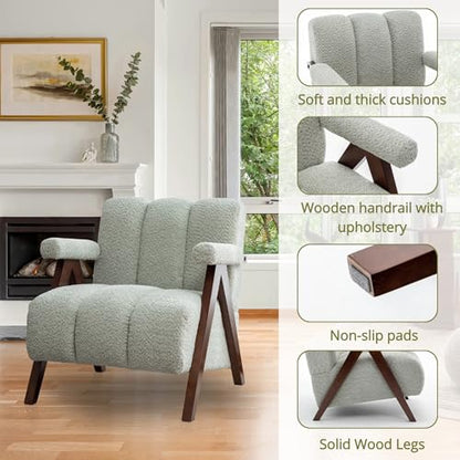 Mid Century Modern Accent Chairs Set of 2 with Solid Wood Frame, Boucle Upholstered Living Room Chairs with Thick Cushion, Comfy Tufted Arm Chair for Bedroom, Sage - color: Sage, size: 1-seater, 2-piece set
