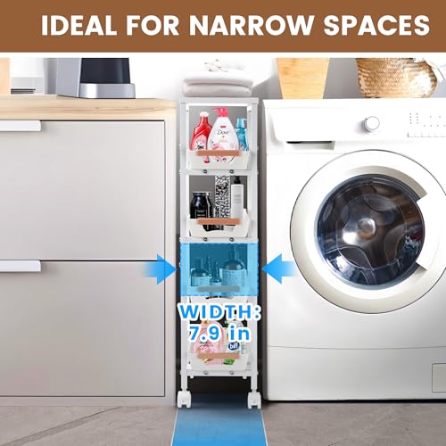 Slim Storage Cart, 5-Tier Narrow Rolling Kitchen Laundry Room Cart with Drawer and Wheels, Metal Utility Cart Slide Out Organizer for Small Spaces (White) - style: 5 Tiers-White