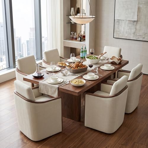 CHITA Upholstered Dining Chairs Set of 2 with Hidden Casters, Cream | Fully Assembled Modern Dining Chair with Backrest & Wood Armrest, Chenille Barrel Chairs for Dining Room, Kitchen Chairs - color: Cream, size: set of 2