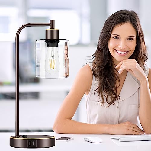 Industrial Touch Table Lamps Set of 2 - Bedside Lamps with 2 USB Ports & AC Outlet, 3-Way Dimmable Nightstand Desk Lamp for Bedroom Living Room, Glass Shade & 2 LED Bulbs Included - Oil-Rubbed Bronze - color: Oil-Rubbed Bronze with Gold Edge