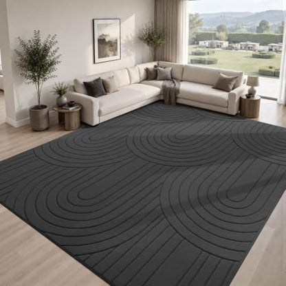 Sour Lemon Area Rugs 9x12 Living Room Bedroom, Modern Washable Rug Grey | Machine Carpet Non-Slip, Soft Large Fluffy Plush Thick, Big, Geometric High-Low Pile Nersy Rug for Kids Dining Room - color: Dark Grey, size: 9' x 12' (Rectangular)