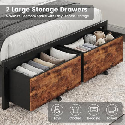 Full Size Bed Frame with Upholstered Headboard and 2 Storage Drawers | Metal Platform Bed, Smart LED Lights, Charging Station, Noise Free, No Box Spring Needed, Easy Assembly - size: Full