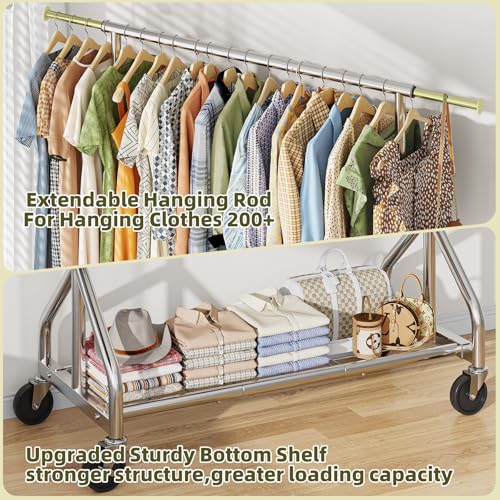 Simple Trending Heavy Duty Clothes Rack, Extendable Clothing Rack, Chrome | Double Rod Garment Rack, Freestanding Portable Closet, with Wheels & Shelf, Adjustable Middle Rod, for Bedroom, Laundry - size: 17"D x 61.25"W x 74.25"H