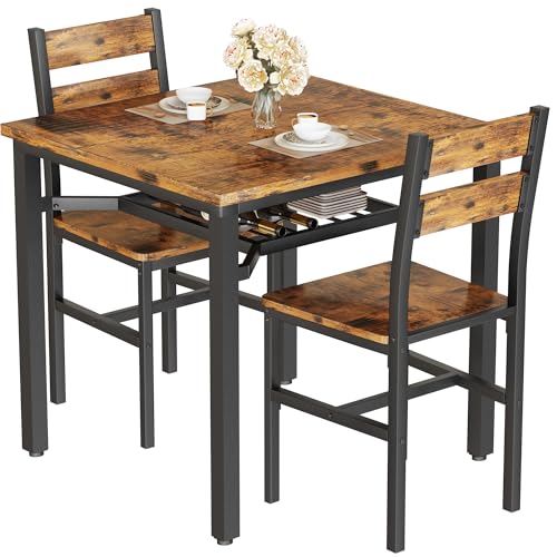 Hooseng 3 Piece Dining Table Set for 2, Small Wooden Kitchen Table with Storage, Farmhouse Square Dinette Set for Dining Room, Breakfast Nook, Apartment, Small Space - color: Brown