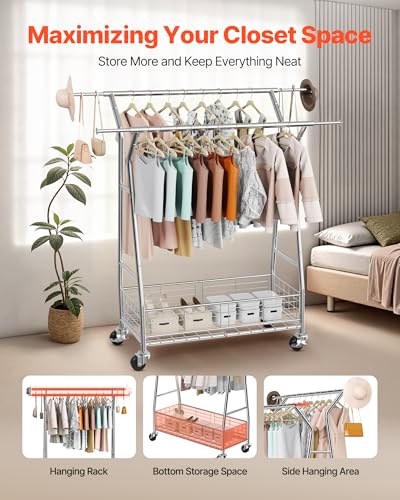VEVOR Clothes Rack, Rolling Clothing Garment Rack, Extendable Carbon Steel Clothing Racks with Wheels for Bedroom, Laundry, Living Room - style: with Storage Basket