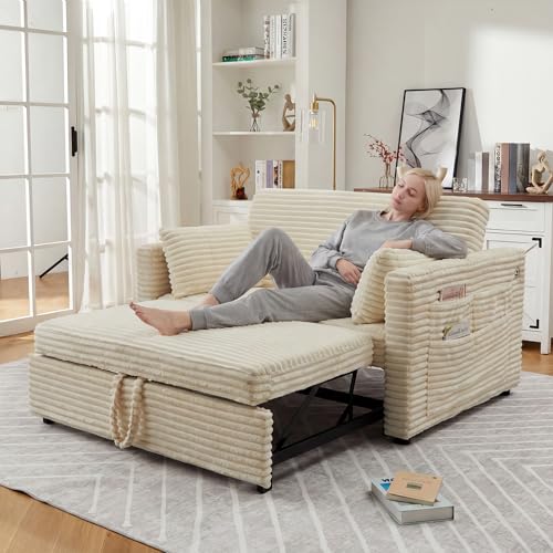 Loveseat Sleeper Sofa Bed, 55'' Pull Out Bed with Adjustable Backrest, Charging Station and Side Pockets, Corduroy Couches for Living Room, Bedroom and Apartment, White - color: White
