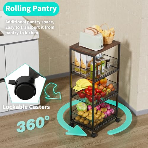 HapiRm Fruit Basket Kitchen Cart - 4-Tier Rolling Storage Cart with Wheels, Fruit Vegetable Basket with Wood Top, Pantry Utility Kitchen Organizer for Fruit Potato Onion Vegetable Bread Snack - color: Black