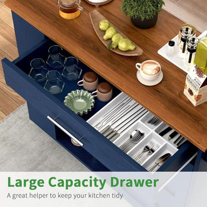4 EVER WINNER 39" Rolling Kitchen Island with Storage and Drawer, Farmhouse Kitchen Island on Wheels with 3-Tier Spice Rack, Adjustable Shelf & Towel Rack, Mobile Kitchen Cart for Small Space, Blue - style: BLUE