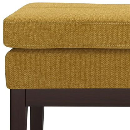SIMPLIHOME Carlson 27" Wide Woven Fabric Rectangle Ottoman in Marigold | Mid-century modern ottoman with a padded seat for extra seating in bedroom or entryway; footstool, footrest. - color: Marigold, style: Small Ottoman Bench