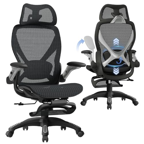 X100 Ergonomic Mesh Office Chair with Footrest, Big and Tall Hone Desk Chair with 5D Flip-Up Arms, Adjustable 3D Lumbar Support,Gaming & Executive Computer Chairs - color: Midnight Mist