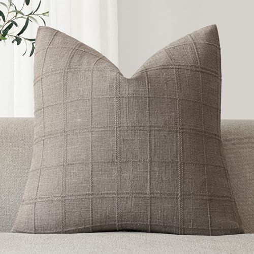 Foindtower Set of 1 Decorative Linen Check Throw Pillow Cover Neutral Farmhouse Vintage Cushion Cover Modern Boho Home Decor for Sofa Chair Couch Bedroom Living Room Outdoor,16×16 Inch,Tan Taupe - color: Savannah Tan, size: 16" x 16" (Pack of 1)