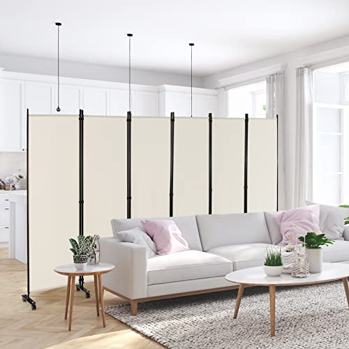 NAFORT 6 Panel Folding Room Divider for Room Separation, Freestanding Privacy Screen with Lockable Universal Wheels, Fabric Wall Partition Screen for Living Room, Bedroom, Office, White - color: White