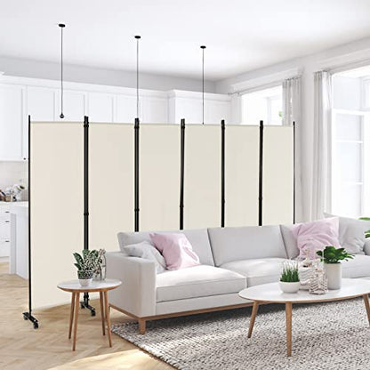 NAFORT 6 Panel Folding Room Divider for Room Separation, Freestanding Privacy Screen with Lockable Universal Wheels, Fabric Wall Partition Screen for Living Room, Bedroom, Office, White - color: White