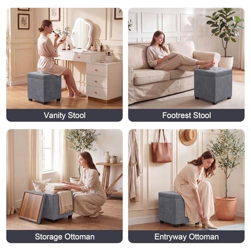 15 inch Square Storage Ottoman with Tray Lid,Modern Tufted Fabric Cube Coffee Table with Storage,Upholstered Ottoman with Removable Top for Living Room, Bedroom - color: Gray With Tray