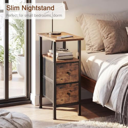 Narrow End Table with Charging Station, Small Nightstand | Skinny Side Tables Living Room with 2 Fabric Drawers, Slim Bedside Table for Bedroom, Small Spaces, Couch, Brown - color: Rustic Brown + Black, size: 23.22''H (2 Drawers), style: Power