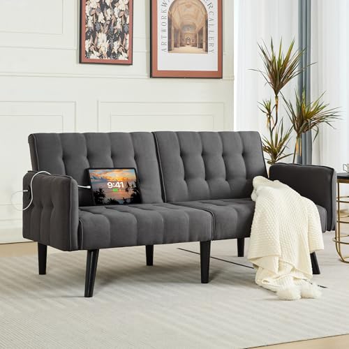 65'' Convertible Futon Sofa Bed with USB, Small Couch for Living Room | Sleeper Sofa, Adjustable Folding Couch with Tufted Design and 2 USB Ports, Bedroom Apartment Office, Dark Grey - color: Dark Grey