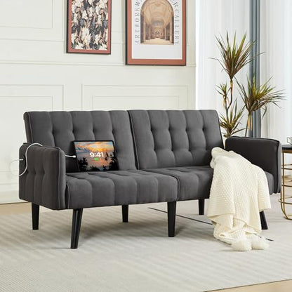 65'' Convertible Futon Sofa Bed with USB, Small Couch for Living Room | Sleeper Sofa, Adjustable Folding Couch with Tufted Design and 2 USB Ports, Bedroom Apartment Office, Dark Grey - color: Dark Grey