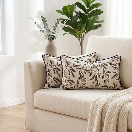White Floral Pillow Covers 12x20 Inch Set of 2, Cotton Vintage Plant Throw Pillows Decorative Covers Lumbar Farmhouse Accent Neutral Covers for Couch Sofa Bed Living Room - color: White, size: 20" x 12" (Pack of 2)