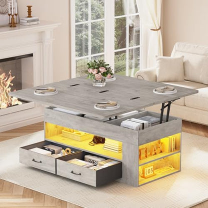 Itaar Lift Top Coffee Table, 4 in 1 Coffee Tables with Storage and Hidden Compartment, Farmhouse Coffee Table with 2 Fabric Drawers & LED Light for Living Room, Grey Oak - color: Grey Oak
