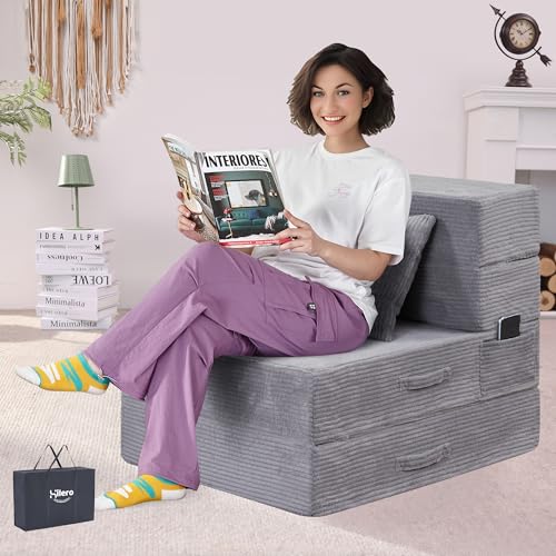 Folding Sofa Bed, 4 in 1 Convertible Sleeper Chair with Pillow, Single Memory Foam Fold Out Chair Bed, Modern Floor Futon Sofa Couch Mattress for Living Room/Guest/Apartment, Light Gray - color: Light Gray, size: Single