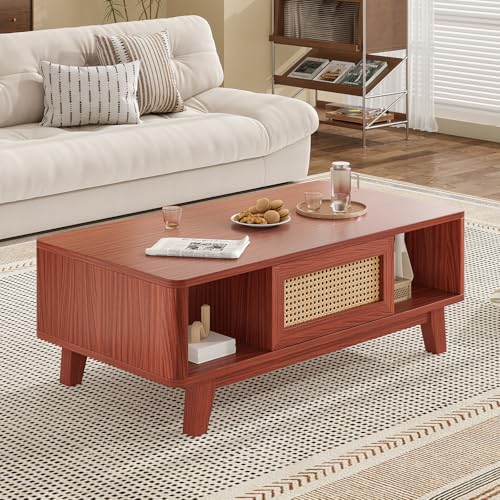 Coffee Table, Mid Century Living Room Tables with Storage, Modern Square with Rattan Drawer, Wooden Living Room Table with Solid Wood Leg - color: Cherry