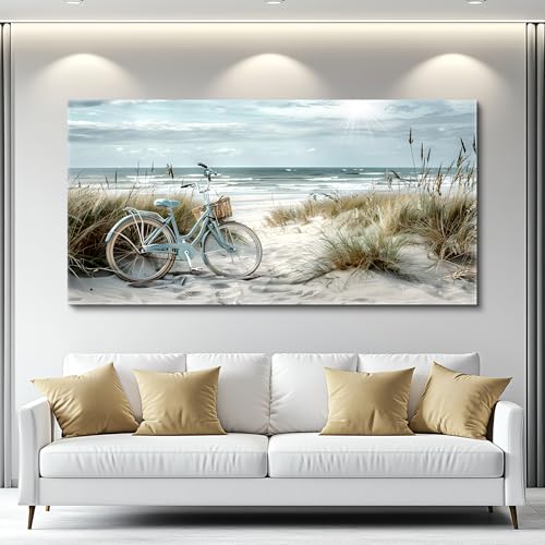 FUHAIHUA Wall Art For Living Room Canvas Decor For Bedroom Modern Office Decorations Blue Beach Bicycle Seascape Paintings Ocean Landscape Pictures Artwork Ready To Hang Home Decor - color: Blue Beach Bicycle Paintings, size: 40"L x 20"W