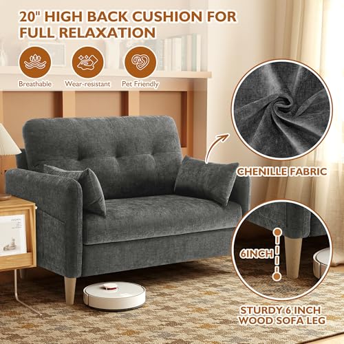 Urhanherry 47" Small Sofa Couch for Bedroom, Soft Chenille loveseat Mini Couch with Throw Pillow and Removable Cushion Cover for Small Spaces, Living Room, Apartment, Dorm, Office(Dark Grey) - color: Dark Grey