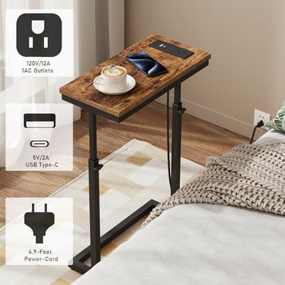 TUTOTAK End Table with Charging Station, Side Table, Tall Couch Table | Sofa Table, for living Room, Bedroom, Brown TB01BB084 - color: Brown, size: 1 Pack, style: With Plug