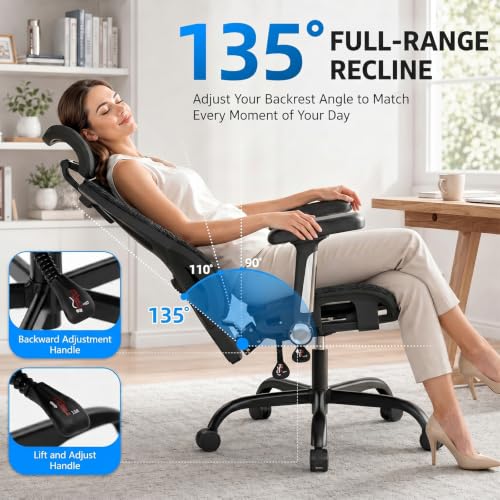 Ergonomic Office Chair, Full Mesh Desk Chair with 5D Armrests | Adjustable Lumbar Support & Headrest, 135° Stepless Reclining Backrest, Holds 350 LBS Home Task Computer Chair