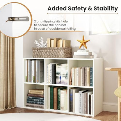 Giantex 6-Cube Bookcase, 3-Tier Cubby Bookshelf, Horizontal Vertical Display Rack with Anti-Tipping Kits, Modern Storage Organizer Shelf Unit for Bedroom, Living Room, Study Room, White | Horizontal Vertical Display Rack with Anti-Tipping Kits, Modern Sto