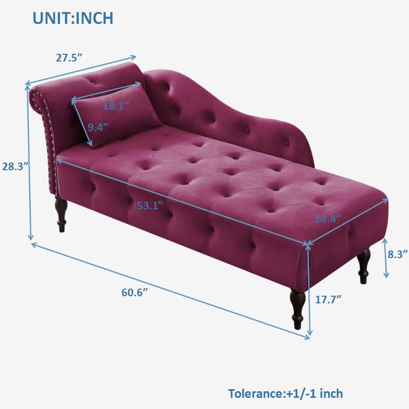 60" Modern Velvet Chaise Lounge Indoor,Upholstered Lounge Chair with Left Armrest and Lumbar Pillow, Button Tufted Lounge Sofa for Living Room Bedroom Office,Mini Chaise Longue Sofa (Claret) - color: Claret