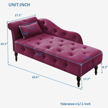 60" Modern Velvet Chaise Lounge Indoor,Upholstered Lounge Chair with Left Armrest and Lumbar Pillow, Button Tufted Lounge Sofa for Living Room Bedroom Office,Mini Chaise Longue Sofa (Claret) - color: Claret