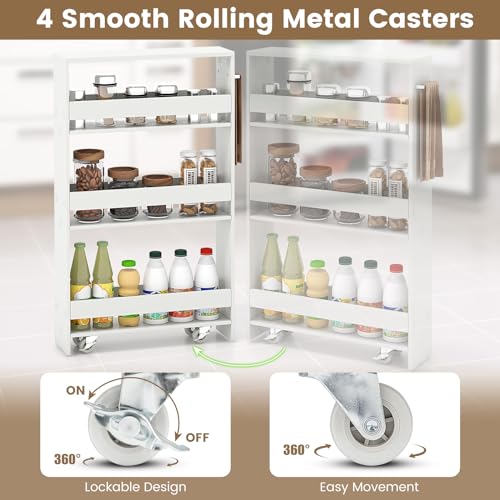 MAT EXPERT Slim Rolling Storage Cart, 4-Tier Freestanding Slim Storage Cart with Wheels 360 Degree & Metal Handle, Wooden Utility Cart for Narrow Kitchen, Laundry Room, Bathroom (Plain White) - color: Plain White