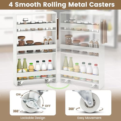 MAT EXPERT Slim Rolling Storage Cart, 4-Tier Freestanding Slim Storage Cart with Wheels 360 Degree & Metal Handle, Wooden Utility Cart for Narrow Kitchen, Laundry Room, Bathroom (Plain White) - color: Plain White