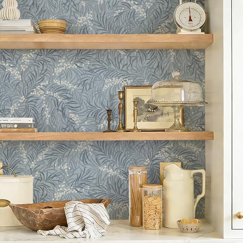 Ismoon Vintage Wallpaper Peel and Stick Dusty Blue Botanical Wallpaper 17.3in x32.8ft Leaf Removable Waterproof Blue/White Contact Paper for Bedroom Kitchen Renter Friendly Wall Decor Vinyl - color: Dusty Blue, size: 17.3" x 393"