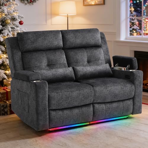 RV Loveseat Recliner Sofa, Power Reclining Loveseat with 4 LED Lights, USB Ports, Power Wall Hugger Recliner Loveseat with Arm Storage, 2 Cushions for Living Room, Bedroom, Home(Grey, 2 Seat) - color: Grey, size: 2 Seat