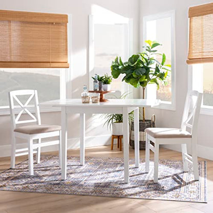 Torino Three Piece Drop Leaf Dining Set in White with Beige Upholstered Seats by Linon - color: White Set