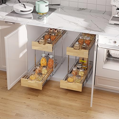 Sikarou Pull Out Cabinet Organizer,Heavy-Duty Slide Out Shelf, Wood and Wire Basket, Pull Out Drawer for for Kitchen Under Sink Space, Pantry, Bathroom, 2 Tie 9 * 21 in - size: 2-TIE 9*21 WM