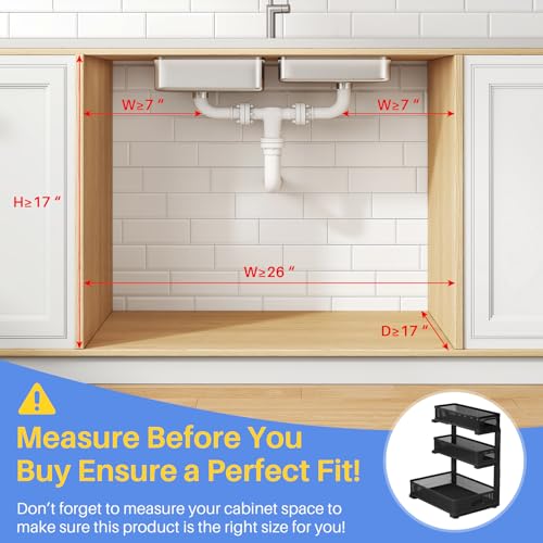 Under Sink Organizer, 3-Tier Thickened Metal Pull out Cabinet Organizer Shelf, Height Adjustable Slide out Storage Drawer Rack for Kitchen Bathroom Pantry Laundry Home Organization, 1-Pack, Black | 35% Extra Storage Capacity, Carbon Steel, Hold Up 55lbs,
