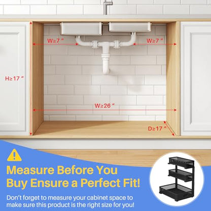 Under Sink Organizer, 3-Tier Thickened Metal Pull out Cabinet Organizer Shelf, Height Adjustable Slide out Storage Drawer Rack for Kitchen Bathroom Pantry Laundry Home Organization, 1-Pack, Black | 35% Extra Storage Capacity, Carbon Steel, Hold Up 55lbs,