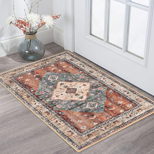 KOZYFLY Small Area Rug 2x3 Ft Rugs for Entryway Washable Boho Entry Rug Non Slip Door Mat Indoor Entrance Rust/Orange/Blue Printed Faux Wool Vintage Printed Kitchen Rug Throw Rugs for Entrance Kitchen - color: Rust/Orange/Blue, size: 2' x 3' (Rectangular)