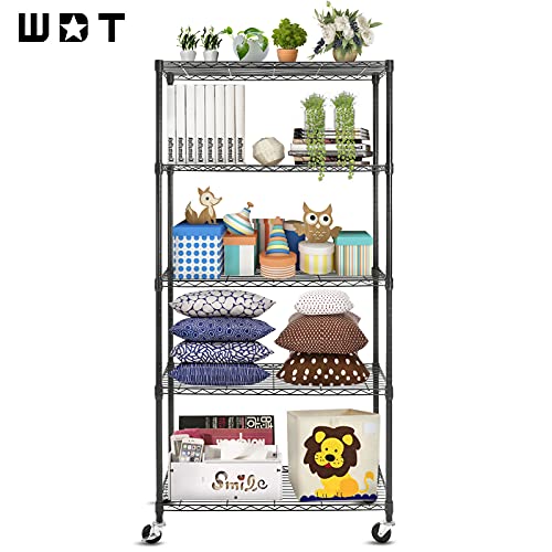 5-Shelf Shelving Units on Wheels Casters, Adjustable Heavy Duty Metal Shelf Wire Storage Rack for Home Office Garage Kitchen Bathroom Organization(16”Wx36”Dx75”H), Black - size: 5Tier 36"W x 16"D x 75"H