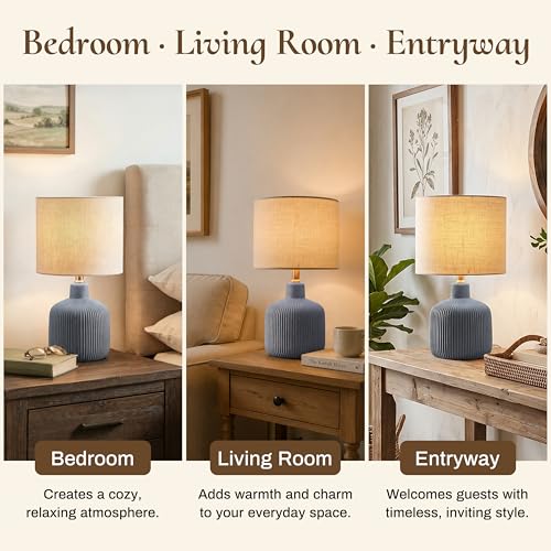 Ceramic Table Lamp, 17.75" Nautical Bedside Lamp with Beige Linen Shade, Warm Ambient Nightstand Lighting for Beach House, Navy Blue - color: Blue