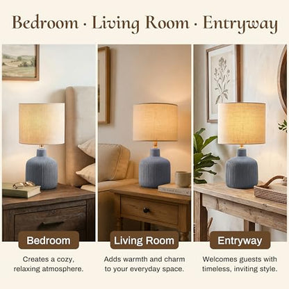 Ceramic Table Lamp, 17.75" Nautical Bedside Lamp with Beige Linen Shade, Warm Ambient Nightstand Lighting for Beach House, Navy Blue - color: Blue