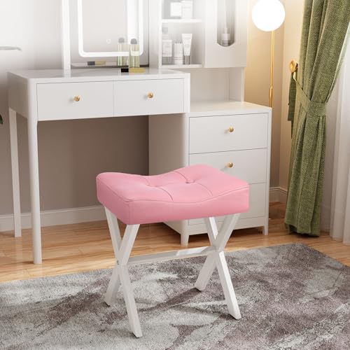 18-Inch Leather Vanity Stool Chair, Pink Saddle Vanity Stool | Vanity Bench, Metal X-Leg, 300 LBS, 16.3"x12.4"x18", Ottoman Accent Stool, Thick Padded Saddle Seat, For Living Room, Bedroom - size: Small, style: Pink Leather